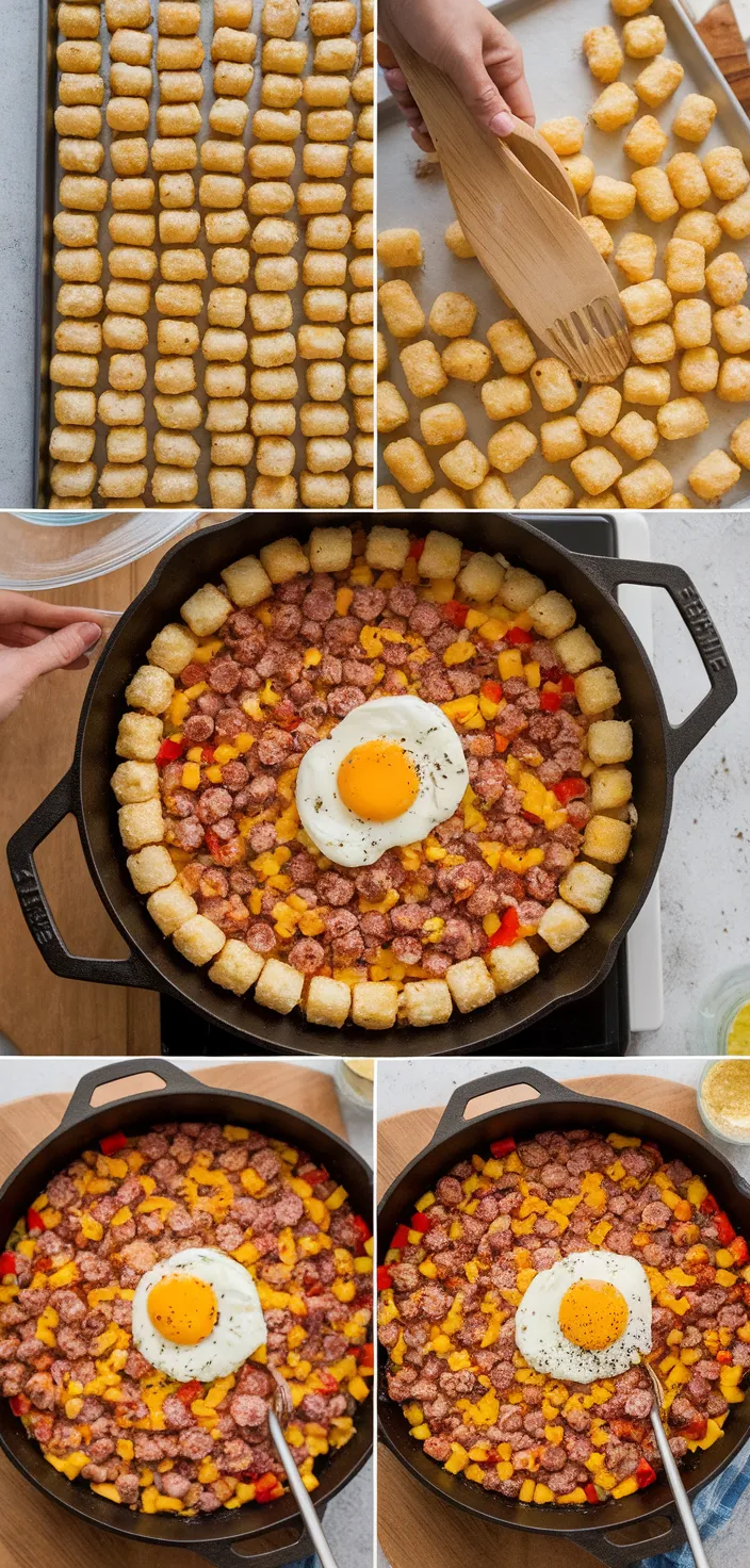 A photo of Next Level Cheesy Breakfast Tater Tot Skillet Recipe