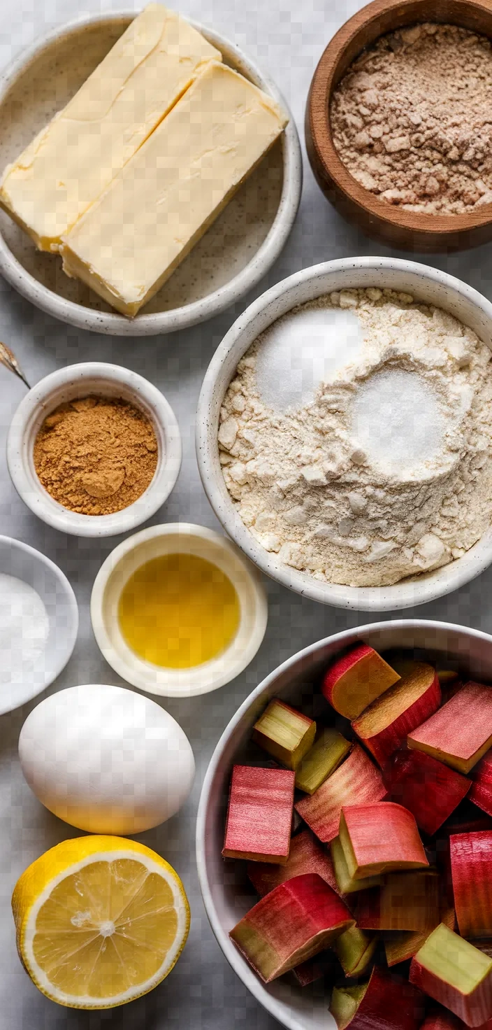 Ingredients photo for Rhubarb Shortbread Crumble Bars Recipe