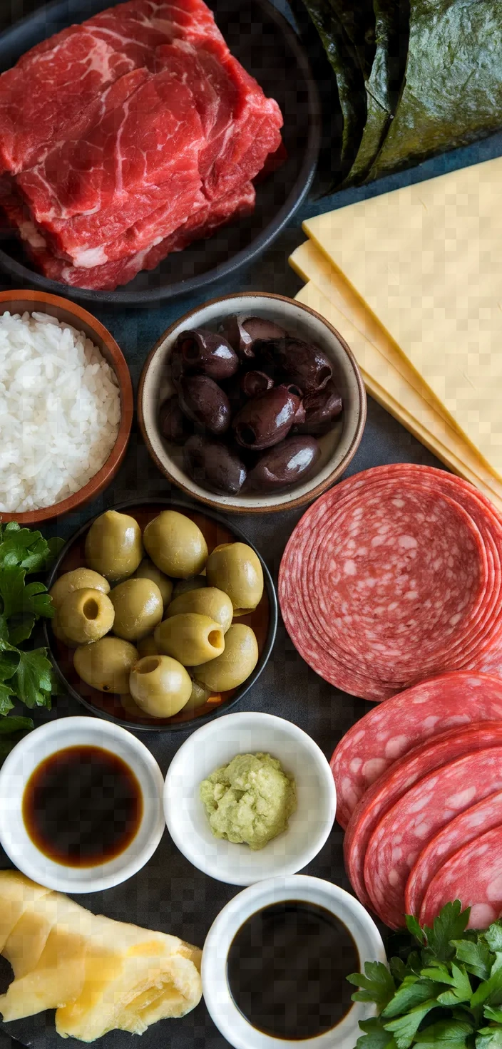 Ingredients photo for Muffuletta Beef Sushi Recipe