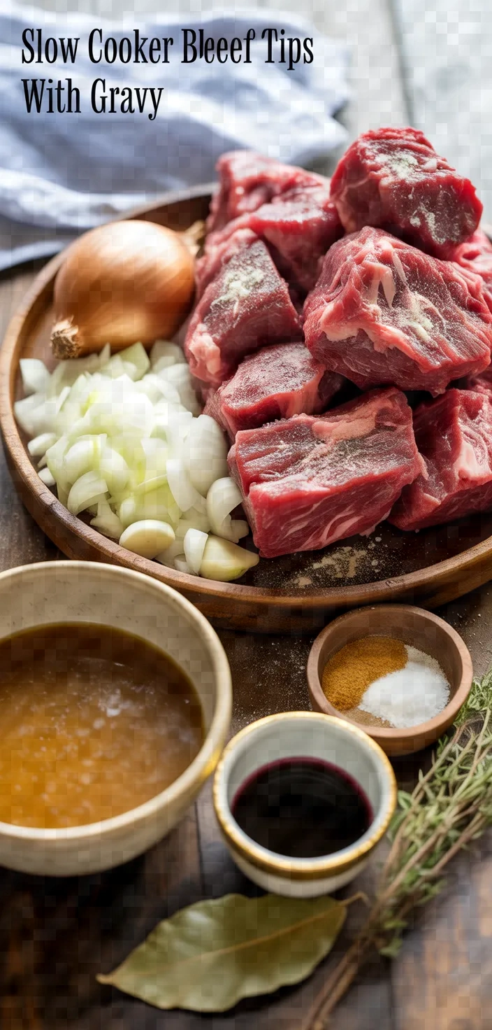 Ingredients photo for Slow Cooker Beef Tips With Gravy Recipe